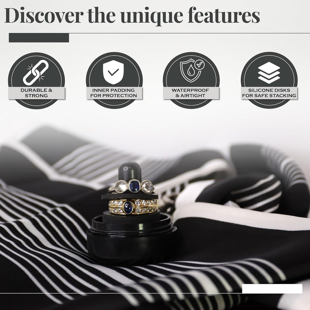 Ring Holder Keychain, Jewelry Organizer and Storage, Portable Waterproof Ring Holder, Pill Box Keychain Container, Gym Accessory, and Travel Ring Case (Black Onyx)