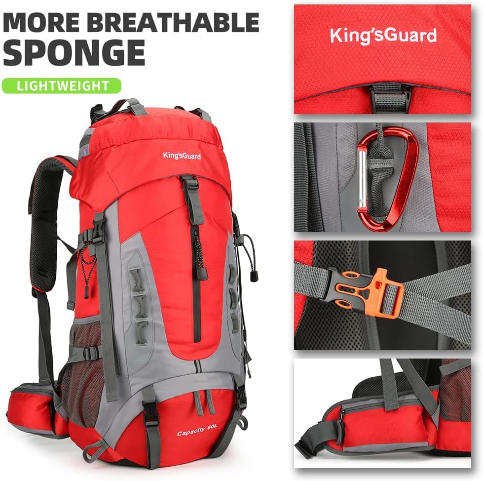 King'sGuard 60L Hiking Backpack Lightweight Camping Backpack with Rain Cover Large Waterproof Packable Outdoor Trekking Travel Backpack for Men Women (Red)