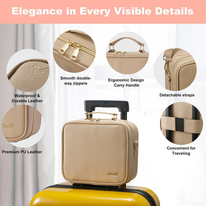 Mocado Travel Makeup Bag with LED Lighted Mirror,Travel Makeup Organizer,Makeup Case with 3 Color Lighted Setting and 10x Magnifying Mirror,Portable Storage and Adjustable Dividers Makeup Box(Khaki)