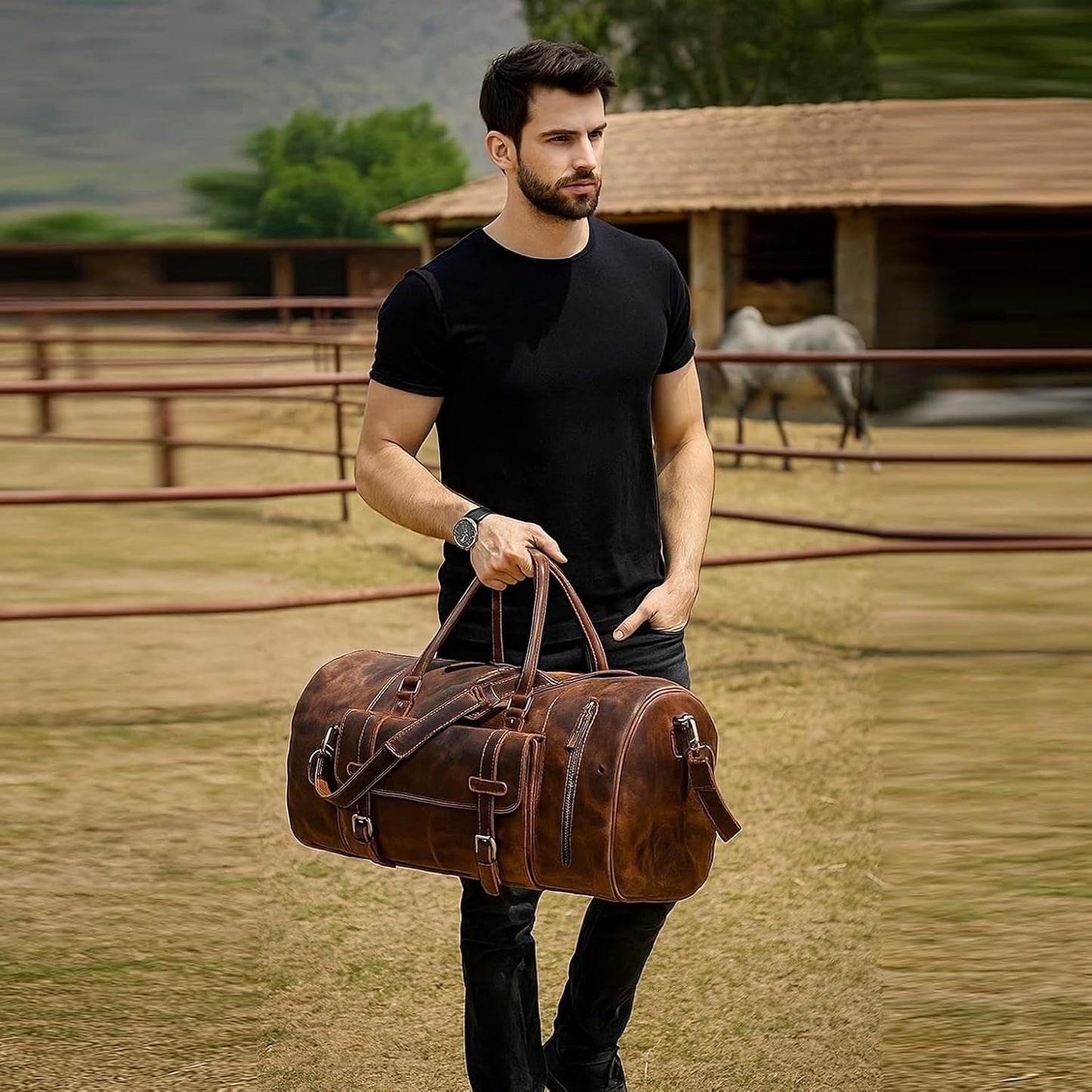 20 Inch Leather Duffel Bags for Men and Women Full Grain Leather Travel Overnight Weekend Leather Bags Sports Gym Duffel for Men