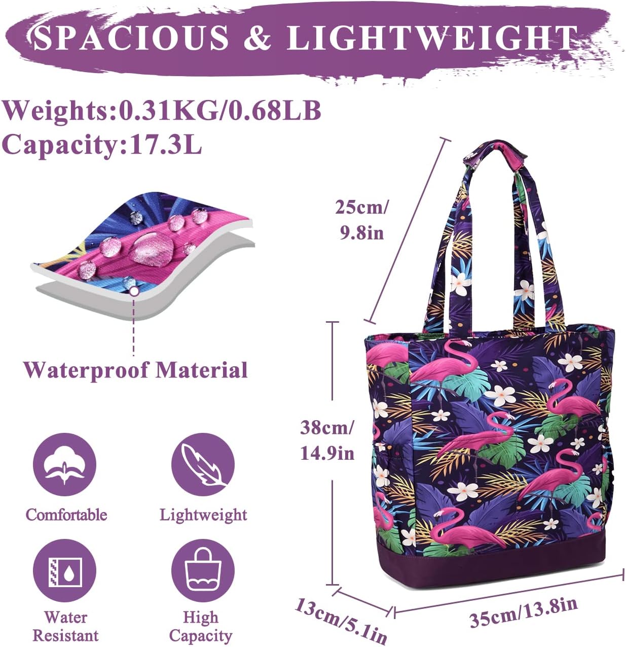 VASCHY Beach Bag for Women, Large Waterproof Sandproof Fold-able Packable Pool Tote Bag w Zipper/Pockets