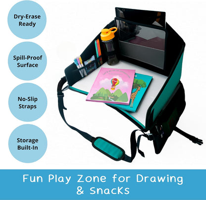 Kids Travel Tray for Car Seat – Gray – The Essential Travel Lap Desk with Removable Tablet Holder, Built-In Storage, and Stabilized Panels, Must Have Car Tray for Kids on Road Trips