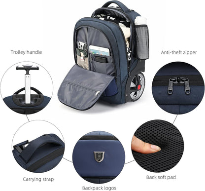 Rolling Backpack,Waterproof Backpack with Wheels for Business and Travel Commuter, Carry on Backpack with Laptop Compartment, Fit 17 Inch Laptop, Wheeled Backpack for Adults