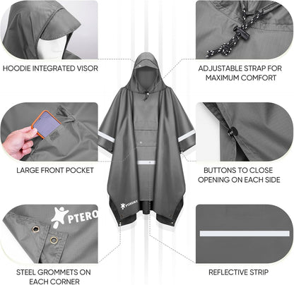 PTEROMY Hooded Rain Poncho for Adult with Pocket, Waterproof Lightweight Unisex Raincoat for Hiking Camping Emergency