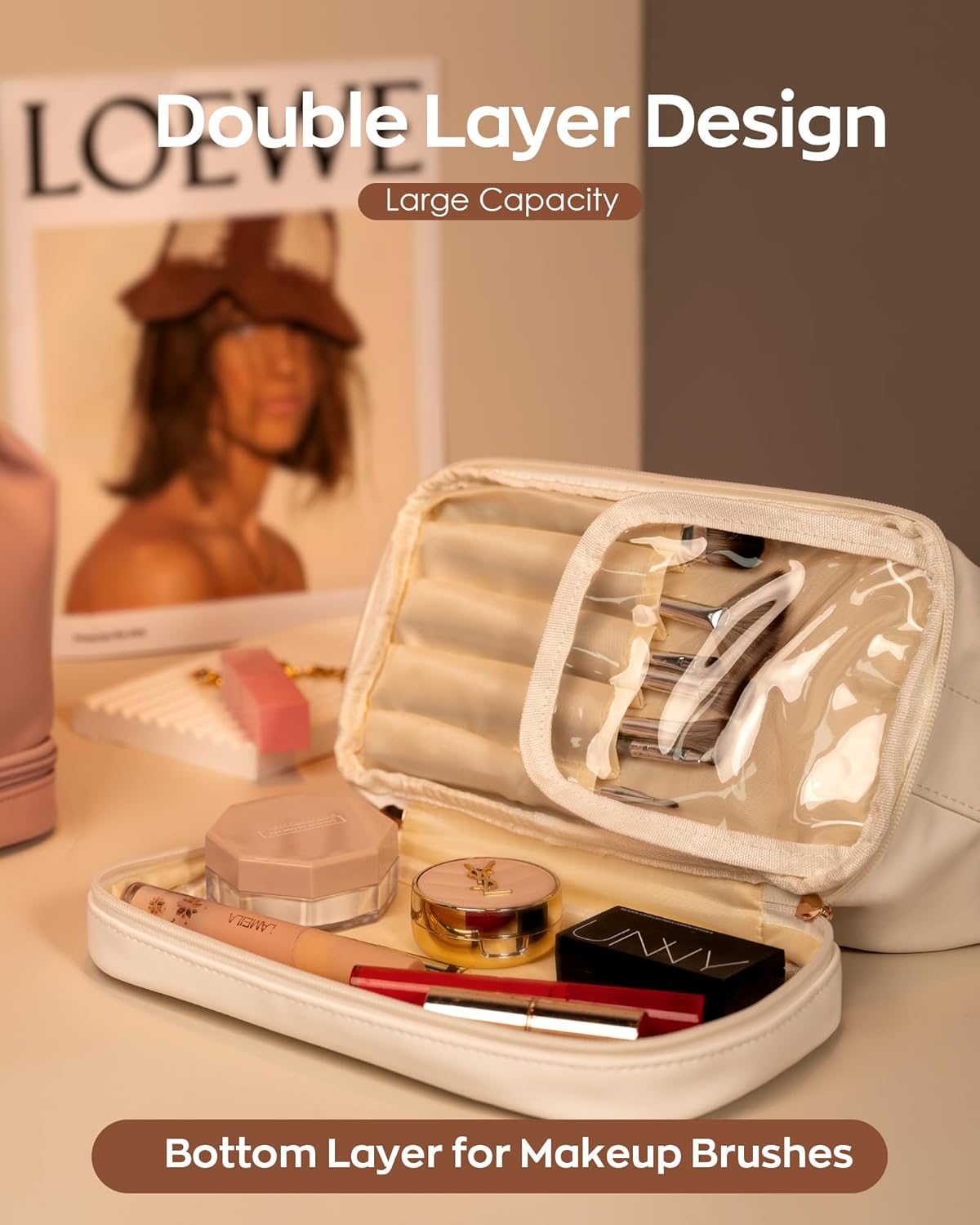 Personalized Makeup Bags， Personalized Bags with Handle, Waterproof Double Layer Cosmetic Bag, Large Capacity PU Leather Makeup Bags Letter Travel Toiletry Bag with Makeup Brush Organizer