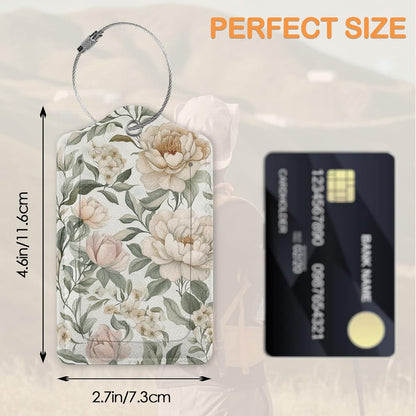 Vintage Peony Floral PU Leather Luggage Tags for Suitcase, Travel Cruise 3 Pack with Privacy Flap, Name ID Label and Metal Loop for Women Men Girls Baggage Bag Backpack
