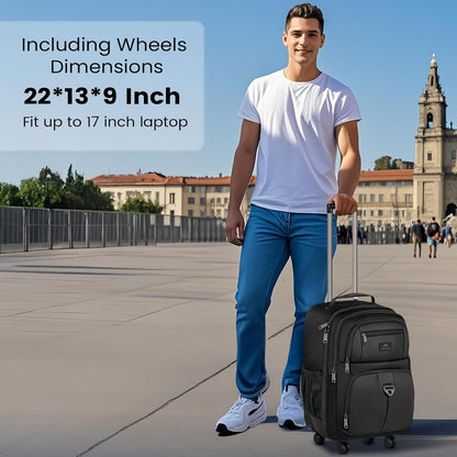MATEIN Rolling Backpack with 4 Wheels, 17 inch Roller Travel Laptop Backpack for Women Men, Large Water Resistant Business Wheeled Bag, Airline Approved Carry on Luggage Suitcase Bag, Black