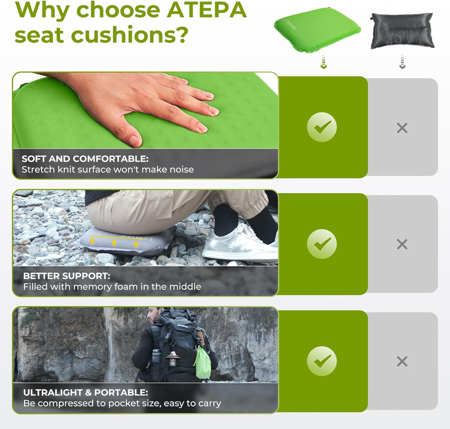 ATEPA Inflatable Stadium Seat Cushion, Self-Inflating Memory Foam Stadium Seats Bleacher Seat Chair Cushion Pad for Airplane Travel Backpacking Sports Events