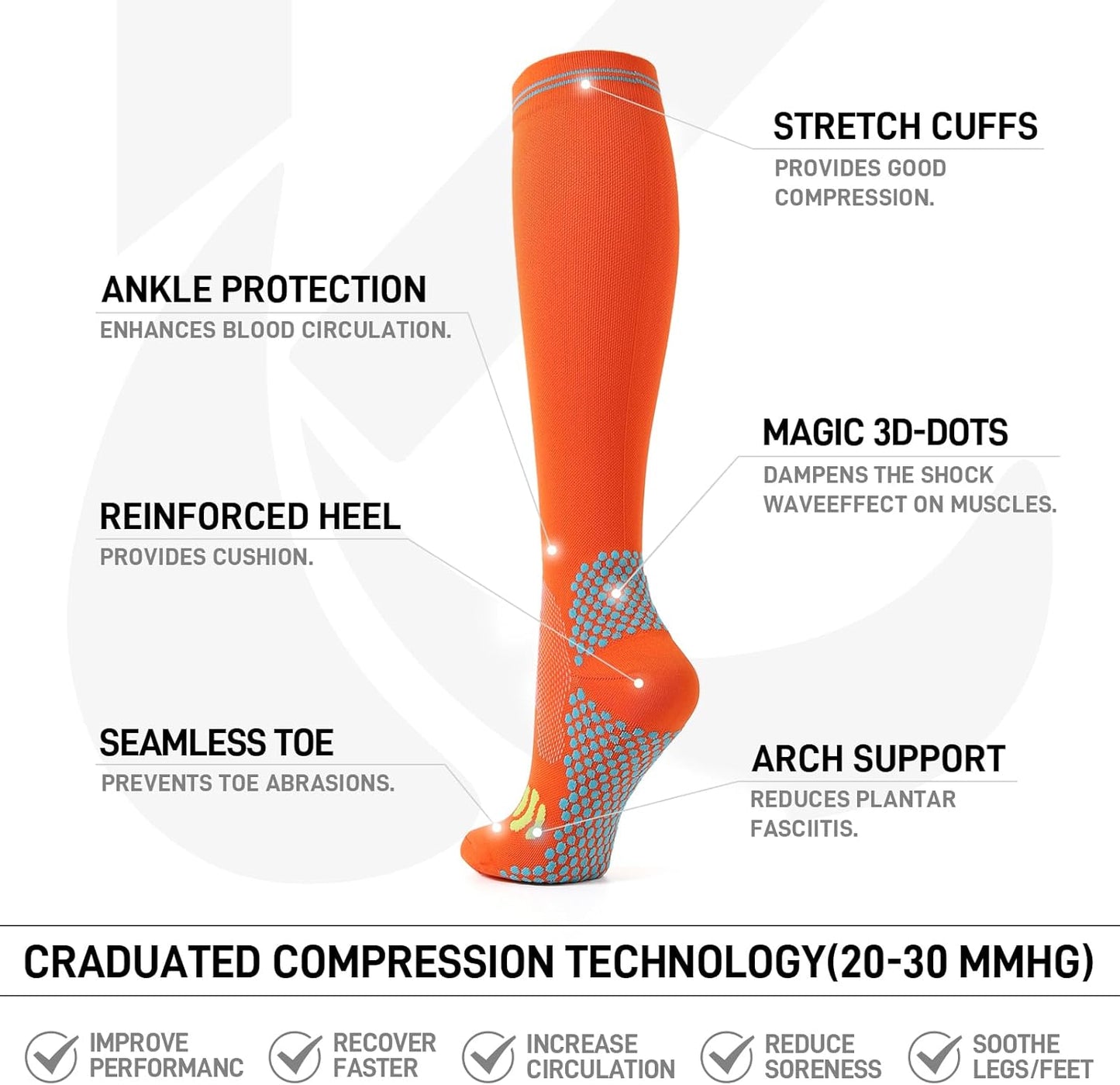 Kickticks 4 Pairs Compression Socks for Woman & Man Unisex 20-30mmHg Knee high Plus Size Wide Calves for Flying Running…