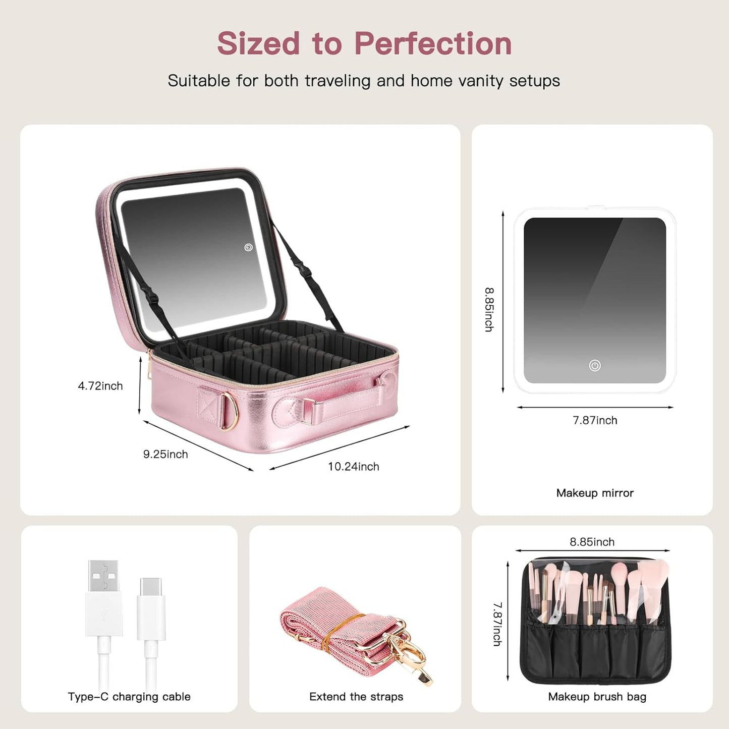 Travel Makeup Bag with LED Mirror, Cosmetic Bags for Women with Light up Mirror, Travel Essentials Makeup Organizer, Makeup Case with Adjustable Dividers and Brush Holder, 3 Color Lights