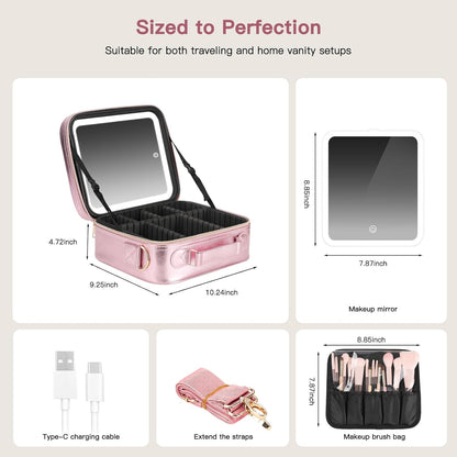 Travel Makeup Bag with LED Mirror, Cosmetic Bags for Women with Light up Mirror, Travel Essentials Makeup Organizer, Makeup Case with Adjustable Dividers and Brush Holder, 3 Color Lights