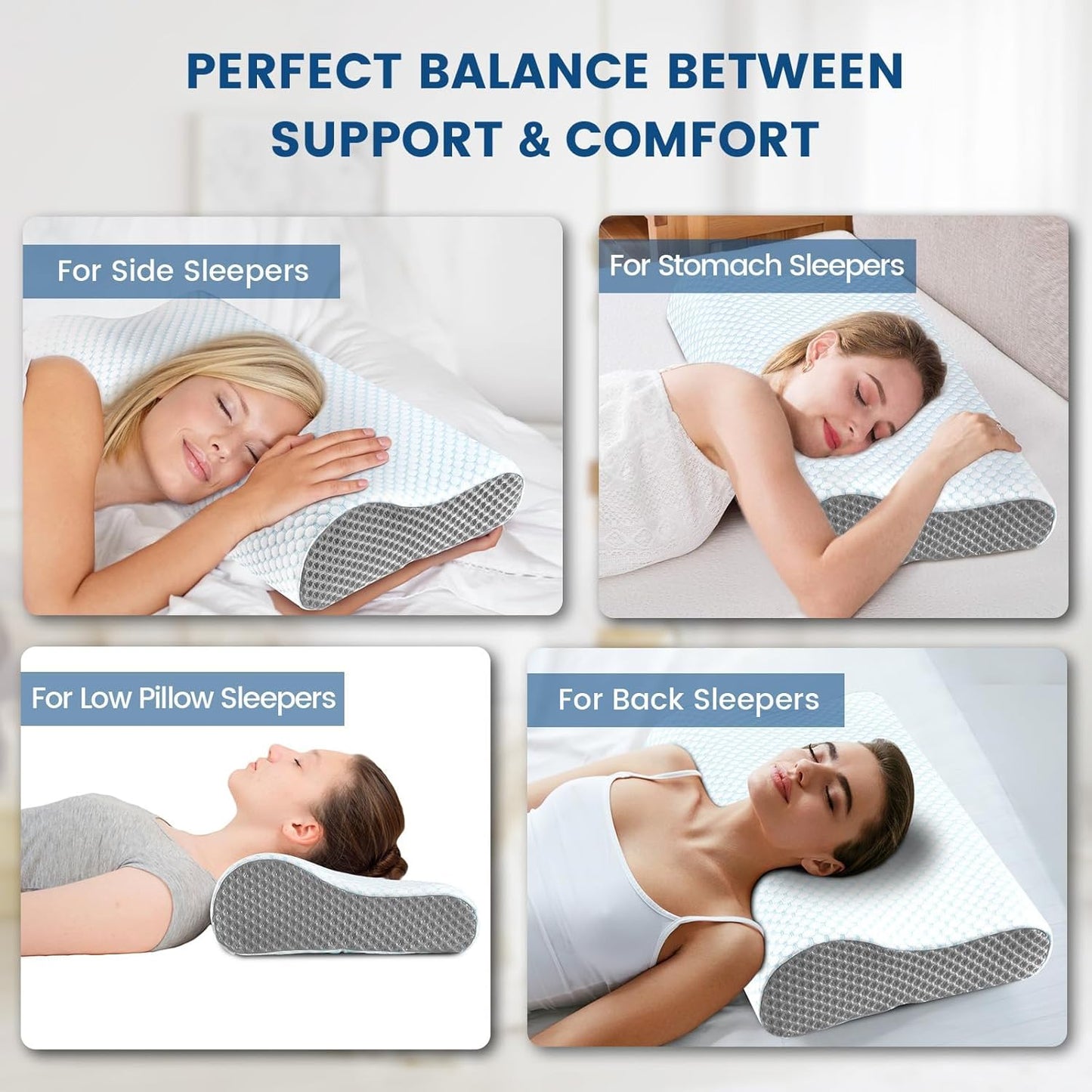 Memory Foam Pillows Neck Pillow Bed Pillow for Sleeping, Ergonomic Cervical Pillow for Neck and Shoulder Pain Relief,Orthopedic Contour Pillow for Side Back Stomach Sleeper(Blue&Grey)