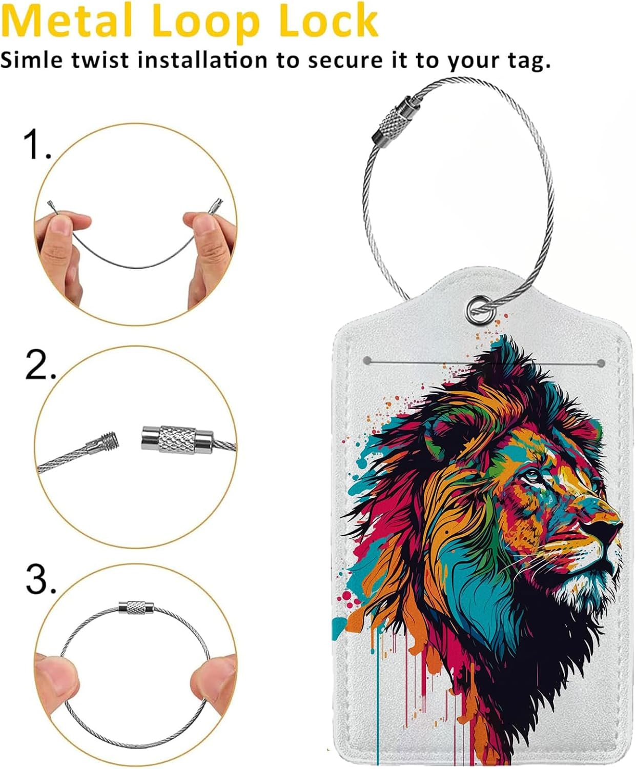 Colorful Lion in Pop Luggage Tags for Suitcases,Leather Bag Tags for Backpacks Handbag Instrument with Name ID Label Travel Essentials Baggage Tags 2 Pack