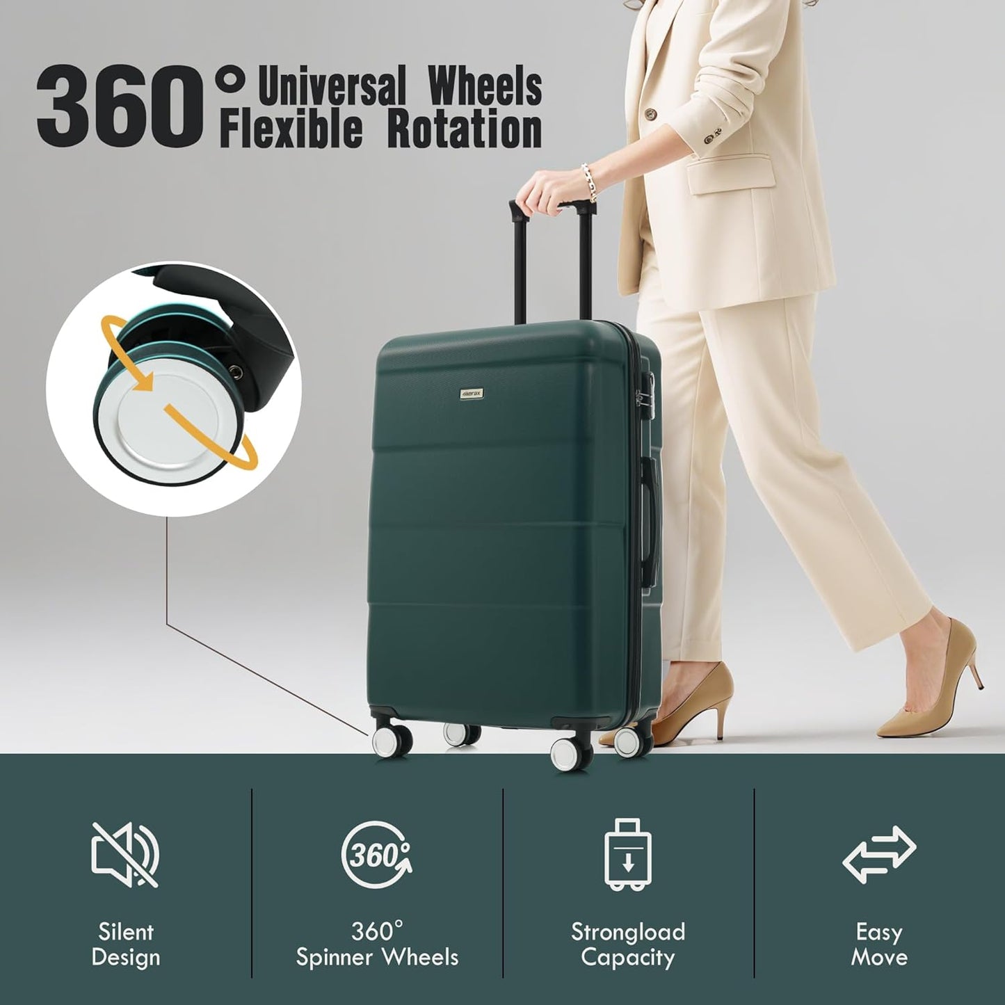 Merax Luggage Sets of 3 Piece Carry on Suitcase Airline Approved,Hardcase Suitcase Set with Double Spinner Wheels,Dark Green