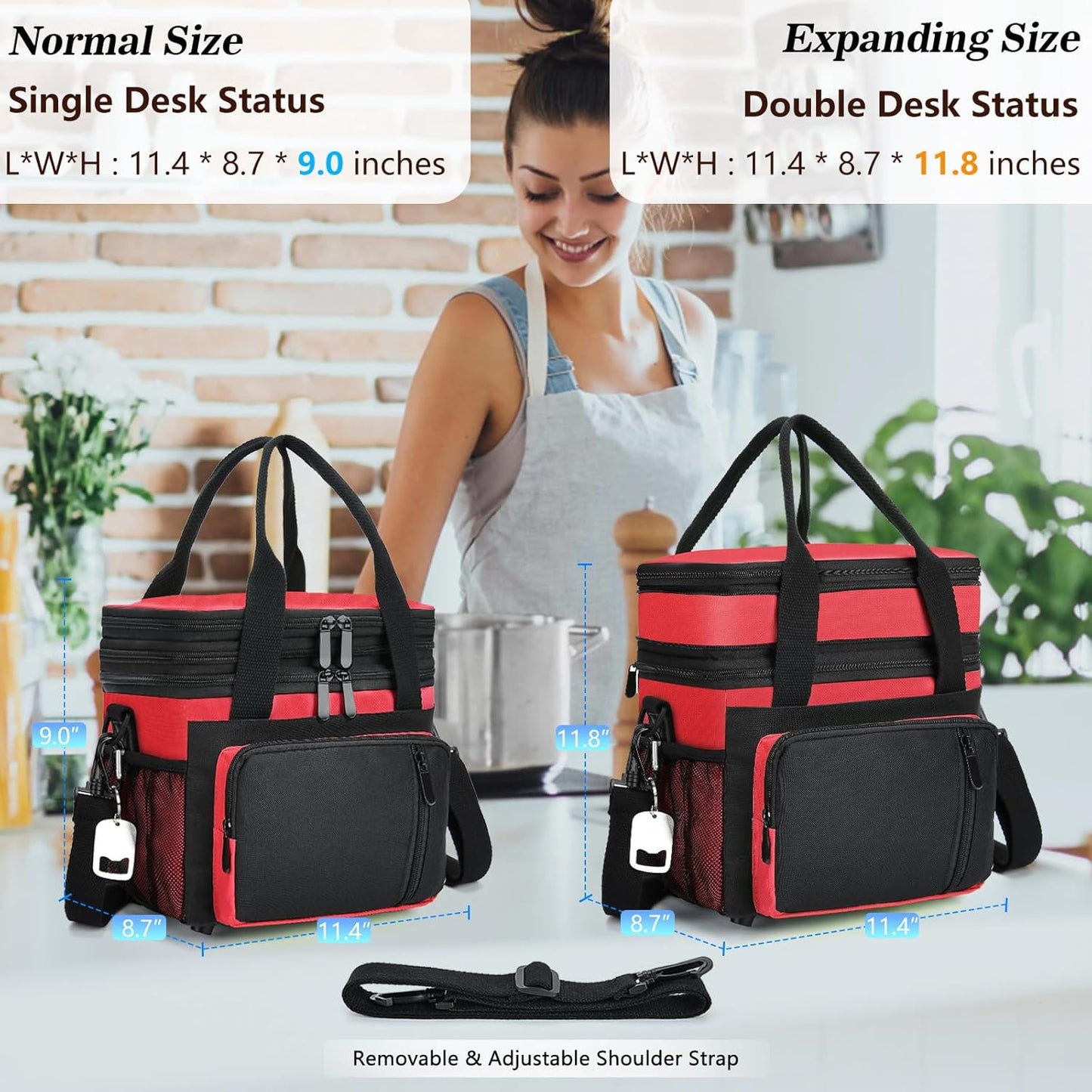 Insulated Lunch Bag Women & Men | Large Adult Lunch Box | Double-Layer Reusable Lunch Bags | Leak-Proof Tote Cooler Bag for Work Picnic Outdoors | 16L, Red