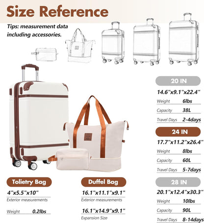 Merax Suitcase Set 28 inches Expandable Luggage with TSA Lock Spinner Wheels Hardshell Lightweight Vintage Luggage with Travel Bag,White