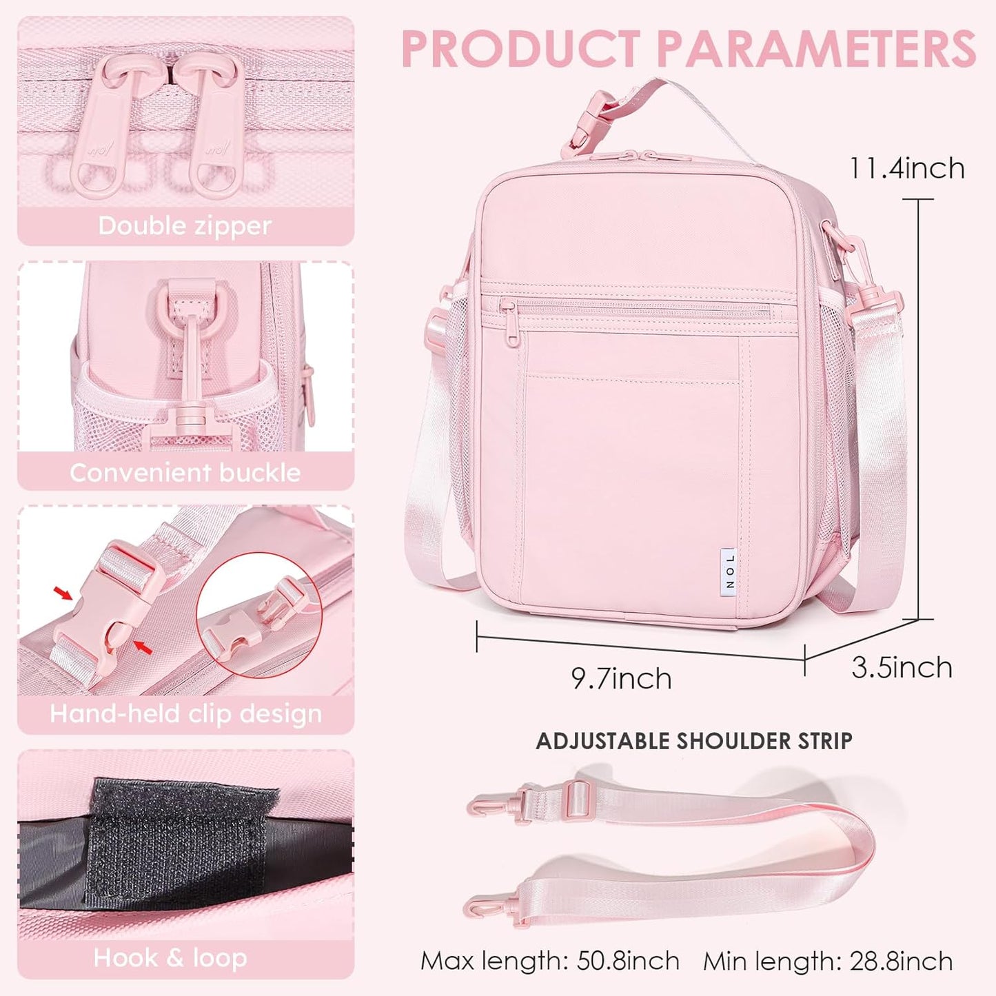 NOL Nylon Waterproof Kids Lunch Bag, Insulated Lunch Bag, Lunch box Cooler, Reusable, Zip Closure with Buckle Handle Holds Lunch Box, Snacks & Water Bottle for School Work,Pink