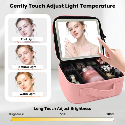 Travel Makeup Bag with LED Mirror Makeup Case with Light Up Mirror Portable Cosmetic Brush Organizer Bag with Adjustable Dividers for Cosmetics Makeup Brushes Toiletry (Pink)