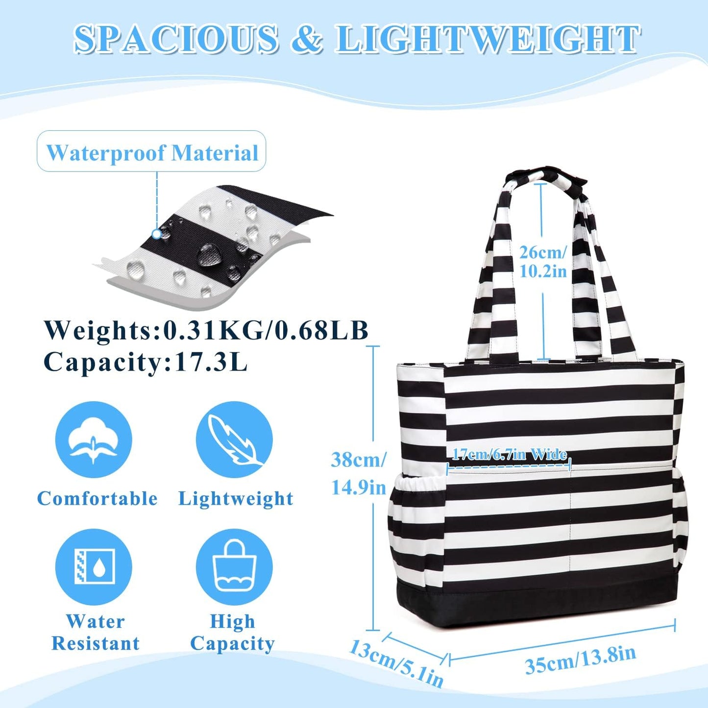 VASCHY Beach Bag for Women, Large Waterproof Sandproof Fold-able Packable Pool Tote Bag w Zipper/Pockets