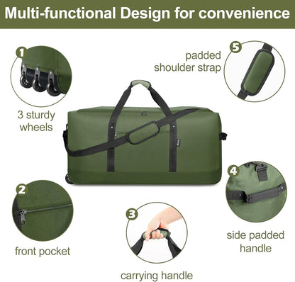 Finnhomy 120L Foldable Rolling Duffel Bag with 3 Wheels, Light Weight Travel Duffel bag with Large Loading Capacity, 32 inch Rolling Duffel bag with Shoulder Strap for Travel Camping Sports