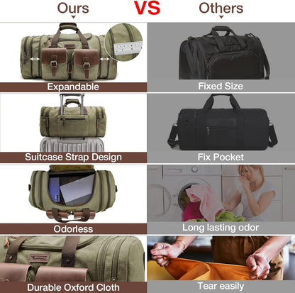 Wildroad 50L Travel Duffel Bag, Expandable Canvas Genuine Leather Duffle Bag Upgraded Overnight Weekender Carry on Bag