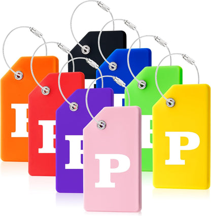 8 Pcs Luggage Tags for Suitcases, 26 Initial Letter Travel Luggage Baggage Identification Labels ID Tags Fully Bendable Tags with Stainless Steel Loop (Letter P, Colorful)