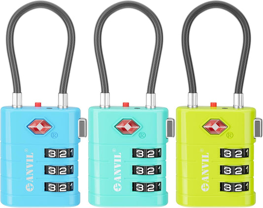 ANVIL TSA Approved Luggage Locks – High Security TSA008 Combination Travel Locks with Inspection Indicator for Suitcases and Backpacks. (3, 3 Colors)