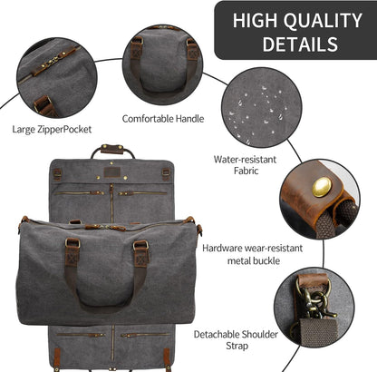 2 in 1 Canvas Leather Suit Luggage Garment Bag with Shoulder Strap for Travel and Business Trips (Grey)