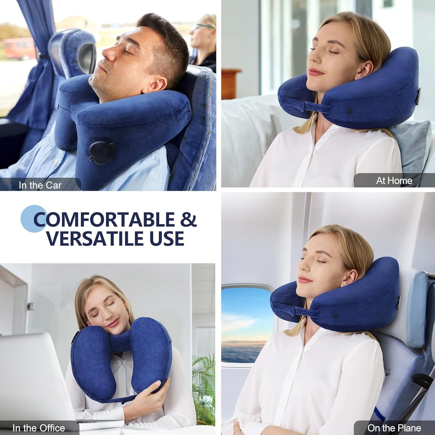 Sunany Neck Pillow for Travel Inflatable Airplane Pillow Comfortably Supports Head, Neck and Chin, Inflatable Travel Pillow with Soft Velour Cover and Portable Drawstring Bag (Blue)