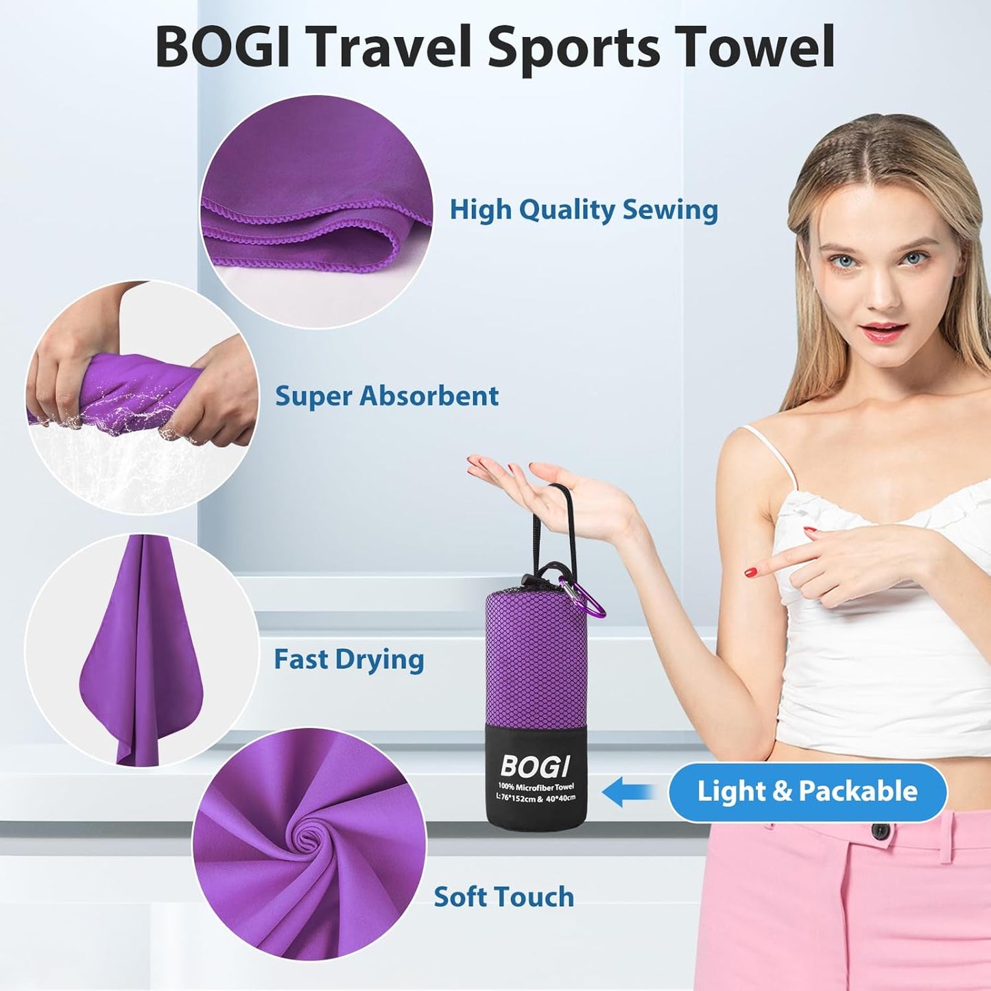BOGI Microfiber Travel Sports Towel-Quick Dry Towel, Soft Lightweight Microfiber Camping Towel Absorbent Compact Travel Towel for Camping Gym Beach Yoga Swimming Backpacking (S:16''x32'',2Pcs-Purple)