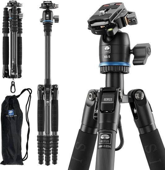 SIRUI Carbon Fiber Travel Tripod - Lightweight 55.1" Compact Tripod with 360° Panorama Ball Head, Quick Release Plate (AM-025K+KS-5)