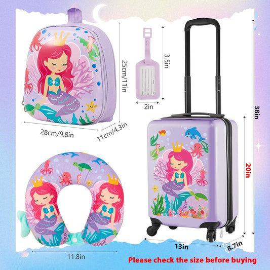 Sanwuta 4 Pcs Kids Luggage Set Kids Backpack Travel Rolling Suitcase with Wheels U-shape Pillow Childrens Gift for Girls Boys(20 Inch,Mermaid Style,Purple)