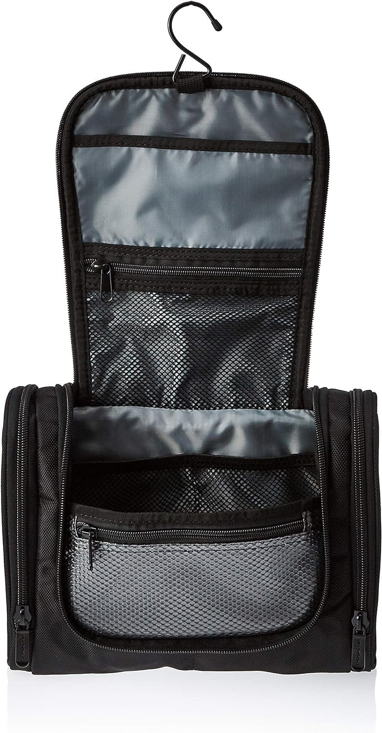 Amazon Basics Travel Toiletry Bag for Men and Women, Hanging Toiletry Bag, Dopp Kit with 2 Side Pockets, Multiple Interior Pockets, Durable 1680D Polyester, Handles Bathroom Spills/Splashes, Black