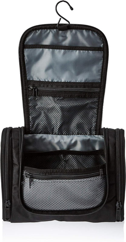 Amazon Basics Travel Toiletry Bag for Men and Women, Hanging Toiletry Bag, Dopp Kit with 2 Side Pockets, Multiple Interior Pockets, Durable 1680D Polyester, Handles Bathroom Spills/Splashes, Black