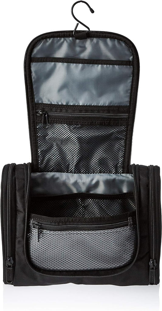 Amazon Basics Travel Toiletry Bag for Men and Women, Hanging Toiletry Bag, Dopp Kit with 2 Side Pockets, Multiple Interior Pockets, Durable 1680D Polyester, Handles Bathroom Spills/Splashes, Black