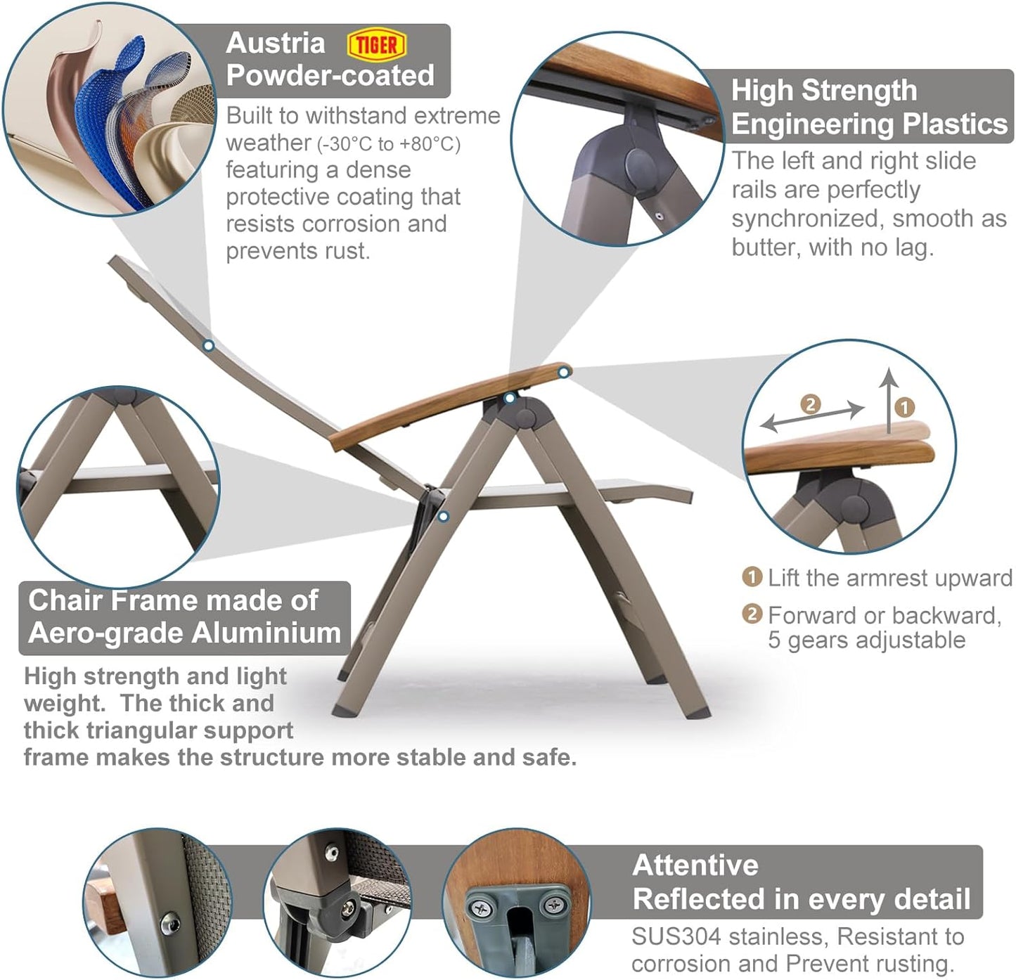 Adjustable Folding Chair, Indoor Bedroom, Outdoor Balcony, Patio, Lawn Yard Beach, Porch, for Comfortable Foldable Lounge Chair, Portable Cozy Recliner, Metal Frame