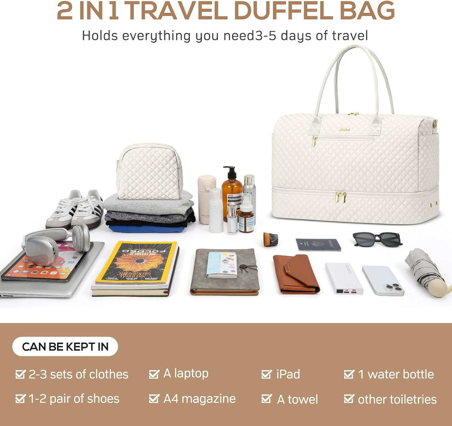 Travel Overnight Bag Weekender Bags - Duffle Bag Women with Shoe Compartment Carry On Overnight Bag with Toiletry Bag Duffel Bags with Wet Pocket for Gym Hospital Bags for Labor and Delivery Beige