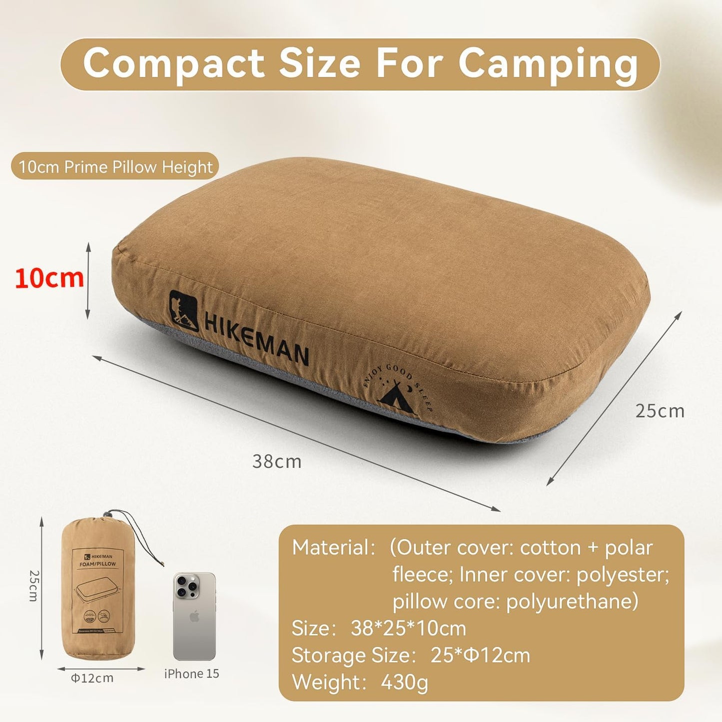 HIKEMAN Camping Memory Foam Pillow - Ultralight Travel Pillow,Backpacking Pillow with Removable Cover,Ergonomic Pillows,Neck Lumbar Support for Outdoor Camp,Sport,Hiking,Backpacking Sleep (Brown)