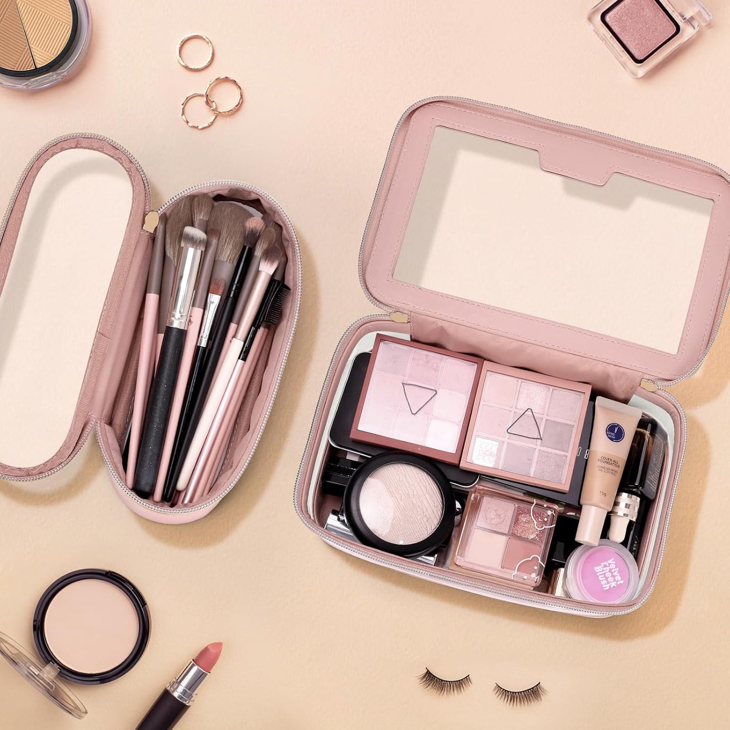 Travel Clear Makeup Bag with Makeup Brush Bag, Leather Makeup Case Toiletry Bag, Portable Cosmetic Bag Case, Transparent Waterproof Cosmetic Organizer Storage Bag for Women, Medium, Pink