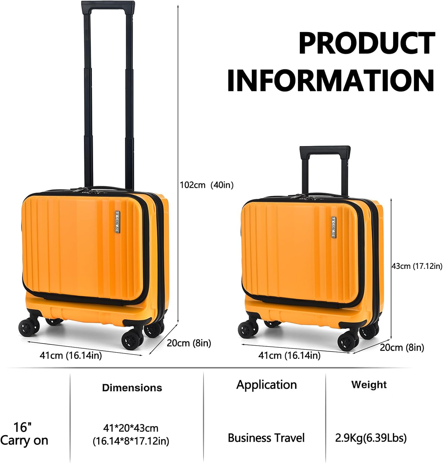 TydeCkare 16" Carry on Luggage with 2 Laptop Compartments, Lightweight Hardshell ABS+PC Suitcase with Dual Control TSA Lock, with YKK Zipper, 4 Spinner Silent Wheels, for Business Travel, Orange