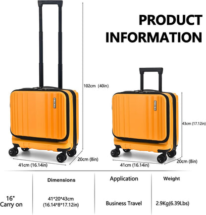 TydeCkare 16" Carry on Luggage with 2 Laptop Compartments, Lightweight Hardshell ABS+PC Suitcase with Dual Control TSA Lock, with YKK Zipper, 4 Spinner Silent Wheels, for Business Travel, Orange