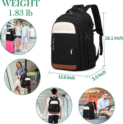 FENGDONG 17.3 inch Large Laptop Backpack Travel College Backpack Waterproof Bookbag for Men & Women Business Backpack with USB Charging Port and Headset Port Black White