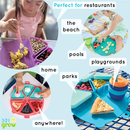 On-The-Go Snack Mat – Baby Silicone Travel Dining Placemat – Portable Silicone Toddler Plate – Reusable Snack Container with 3 Compartments and Lids for 6 Months + (Watermelon)