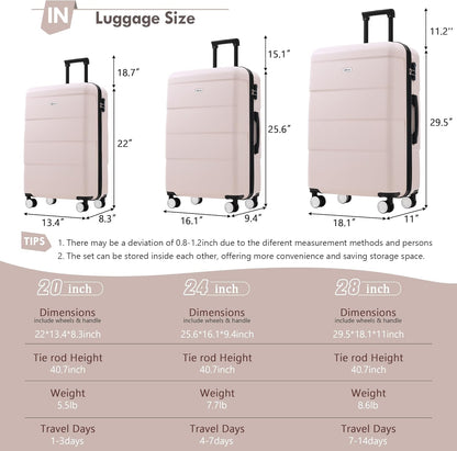 Merax Luggage Sets of 3 Piece Carry on Suitcase Airline Approved,Hardcase Suitcase Set with Double Spinner Wheels,Light Pink