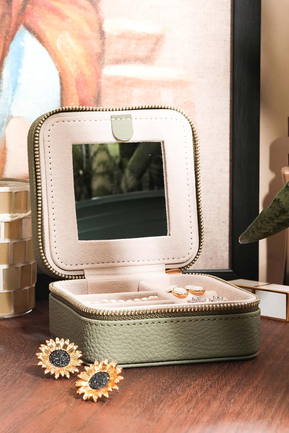 S.Leaf Travel Jewelry Organizer Travel Jewelry Boxes for Women Small Jewelry Travel Case Box Portable Travel Jewelry Case Travel Case Mini Jewelry (03_Lychee_Butterfly_Blue)
