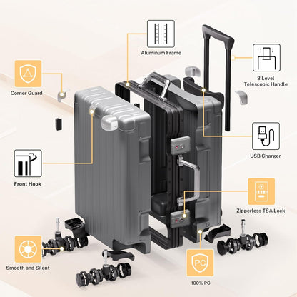 Krute Large Luggage 28 inch Zipperles Suitcase With Spinner Wheels USB Charger Hardside PC Aluminum Frame Luggages Checked Suitcases with TSA Lock (1 Piece)