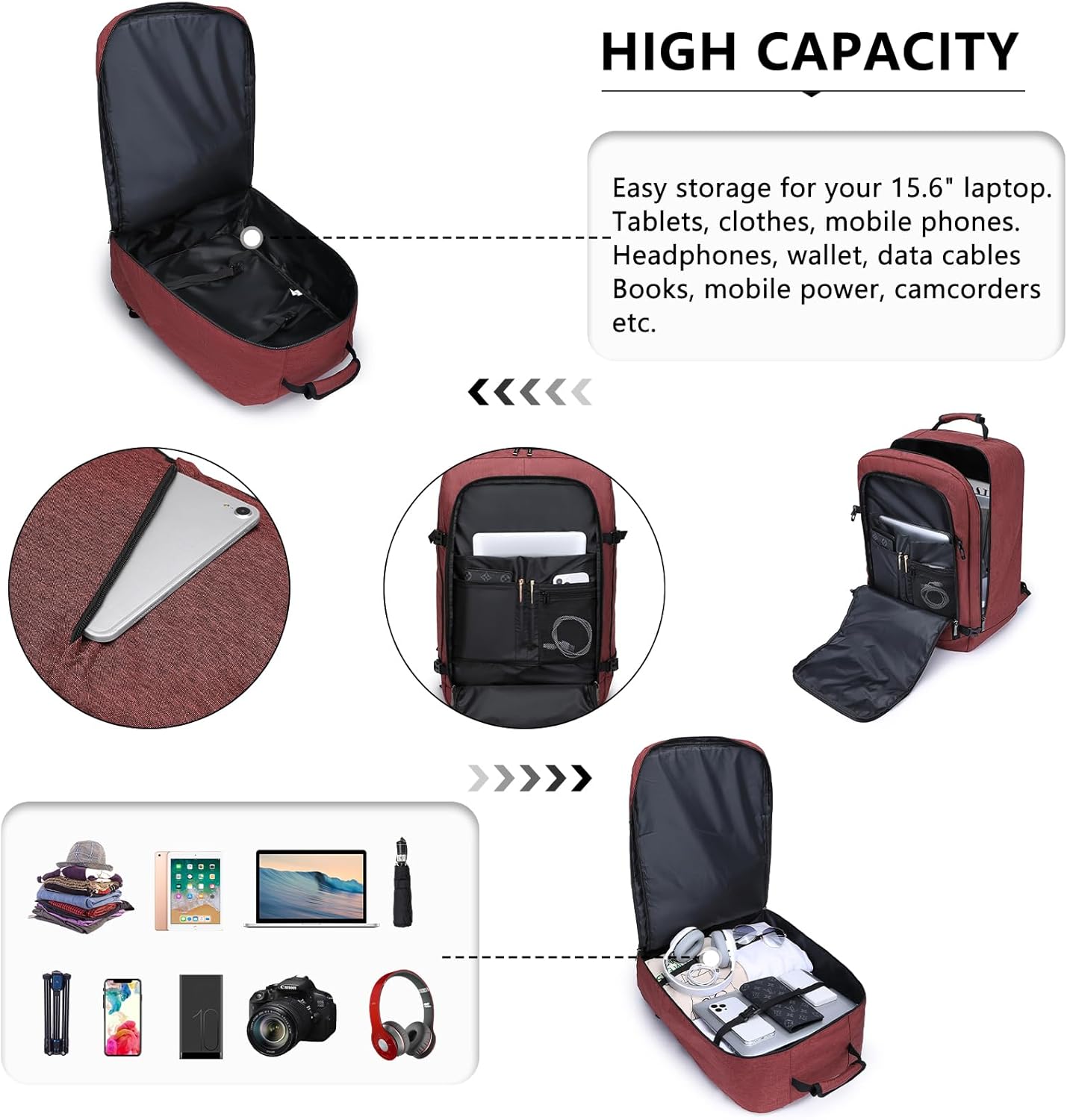 Kono Carry on Backpack, 22" Airplane Approved Travel Backpack for Men and Women, Waterproof Lightweight Daypack for Flight 40L (Burgundy Red, Large)