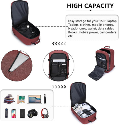 Kono Carry on Backpack, 22" Airplane Approved Travel Backpack for Men and Women, Waterproof Lightweight Daypack for Flight 40L (Burgundy Red, Large)