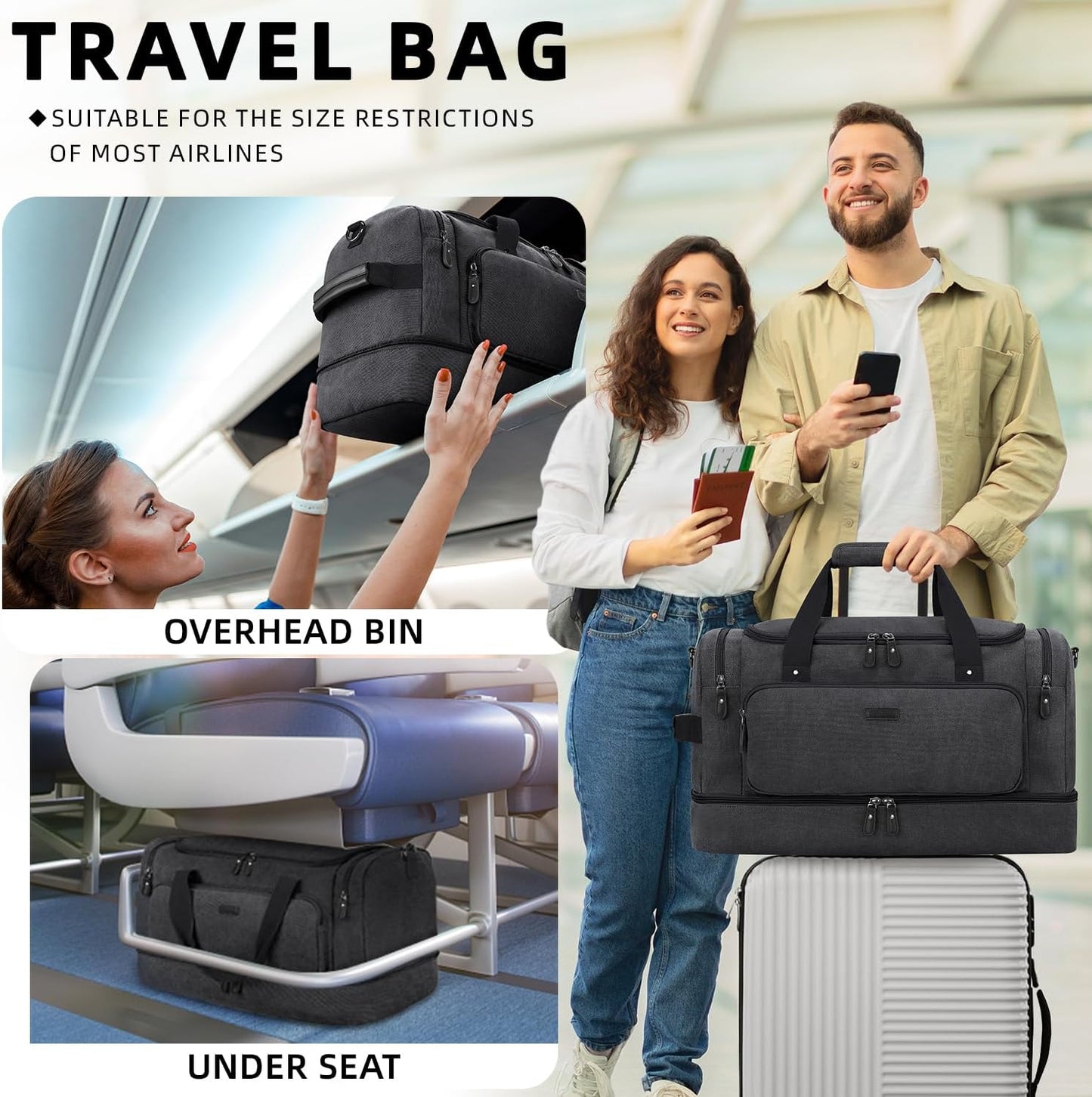 ZOMFELT Duffle Bag for travel, 40L Canvas Travel Duffel Bags for Men Women, Water Resistant Overnight Weekender Bag with Toiletry Bag & Shoe Compartment, Carry on Luggage Bag for Travel, Gym, Black