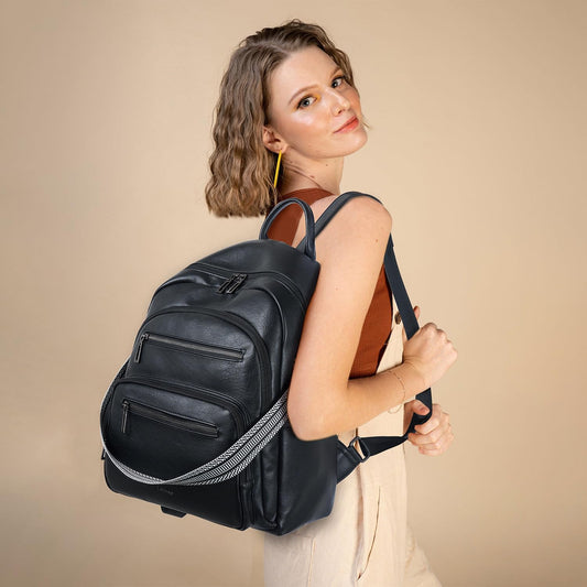 Backpack Purse for Women Laptop Backpack, Leather Travel Backpack Shoulder Bag Teacher College Daypack Work Handbag fits 14" Laptop-Black